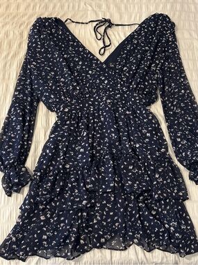Lulus Navy Floral Take My Hand Long Sleeve Tiered Chiffon Mini Dress